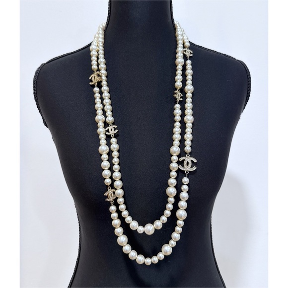 CHANEL Jewelry - Chanel Faux Pearl & Strass CC Double Strand Rhinestone Logo Long Necklace